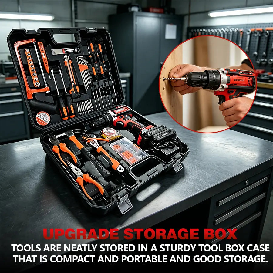 128-Piece Electric Tool Combination Set Bundled with 21 Volt Wireless Drill, Domestic Hand Tool Collection for DIY Fence Mounting, Interior Renovation, Furniture Construction & Household General Maintenance
