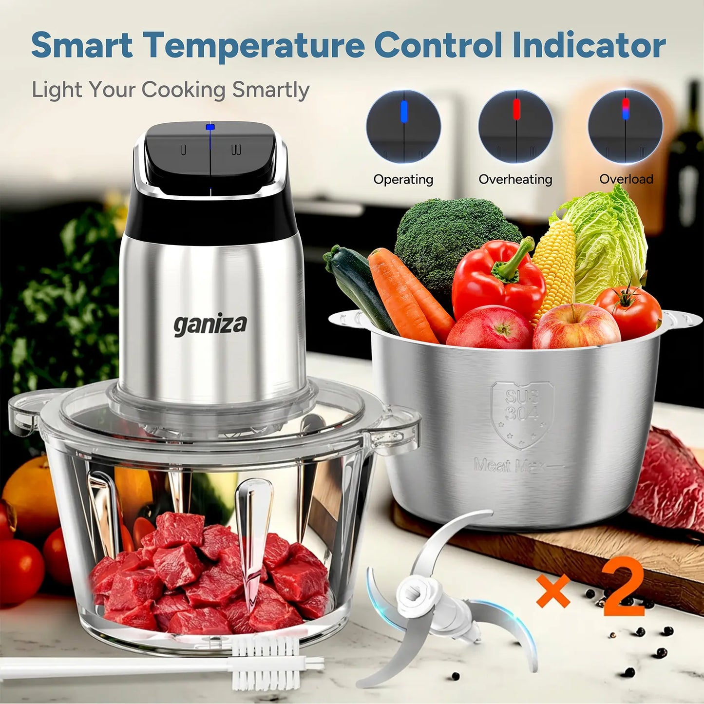 Ganiza Electric Meat Grinder, Dual 8-Cup Containers (Glass + Stainless Steel), 2-Speed Veggie Processor with Improved Buttons & Smart Overheat Alert Light, Supplied with Scrub Brush and Double Blade Groups, Multi-Use Home Food Prep Tool