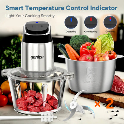 Ganiza Electric Meat Grinder, Dual 8-Cup Containers (Glass + Stainless Steel), 2-Speed Veggie Processor with Improved Buttons & Smart Overheat Alert Light, Supplied with Scrub Brush and Double Blade Groups, Multi-Use Home Food Prep Tool