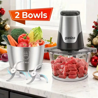 Ganiza Electric Meat Grinder, Dual 8-Cup Containers (Glass + Stainless Steel), 2-Speed Veggie Processor with Improved Buttons & Smart Overheat Alert Light, Supplied with Scrub Brush and Double Blade Groups, Multi-Use Home Food Prep Tool