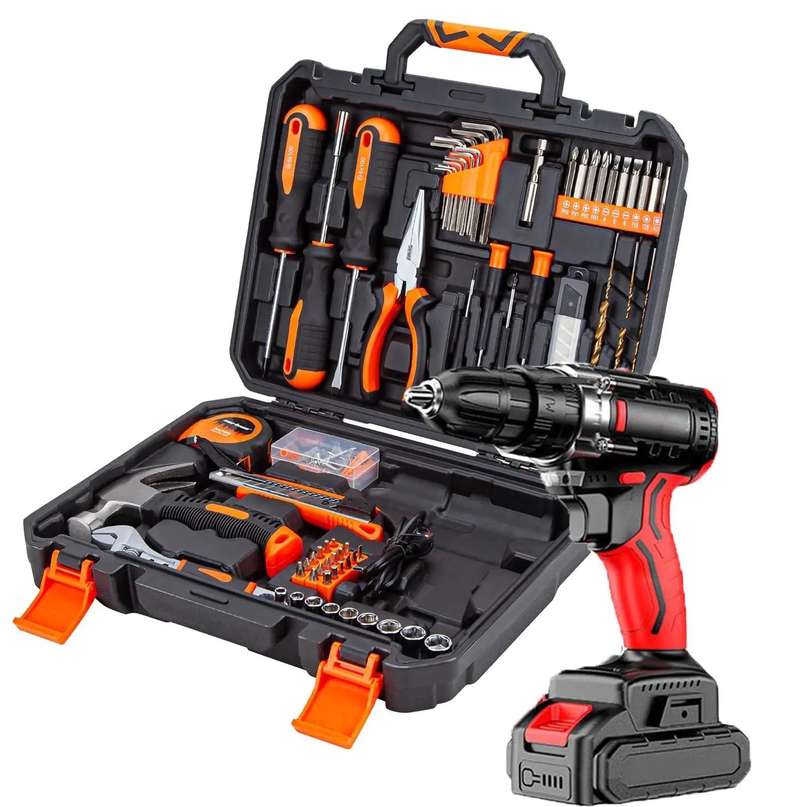 128-Piece Electric Tool Combination Set Bundled with 21 Volt Wireless Drill, Domestic Hand Tool Collection for DIY Fence Mounting, Interior Renovation, Furniture Construction & Household General Maintenance