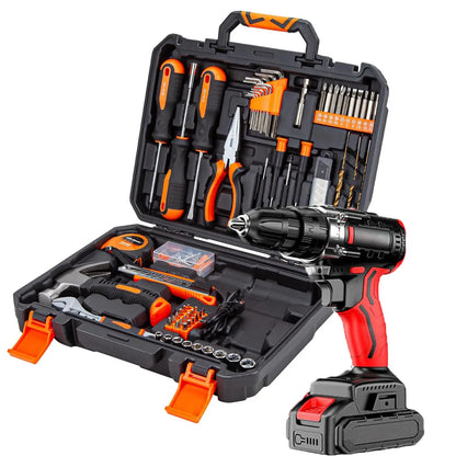 128-Piece Electric Tool Combination Set Bundled with 21 Volt Wireless Drill, Domestic Hand Tool Collection for DIY Fence Mounting, Interior Renovation, Furniture Construction & Household General Maintenance
