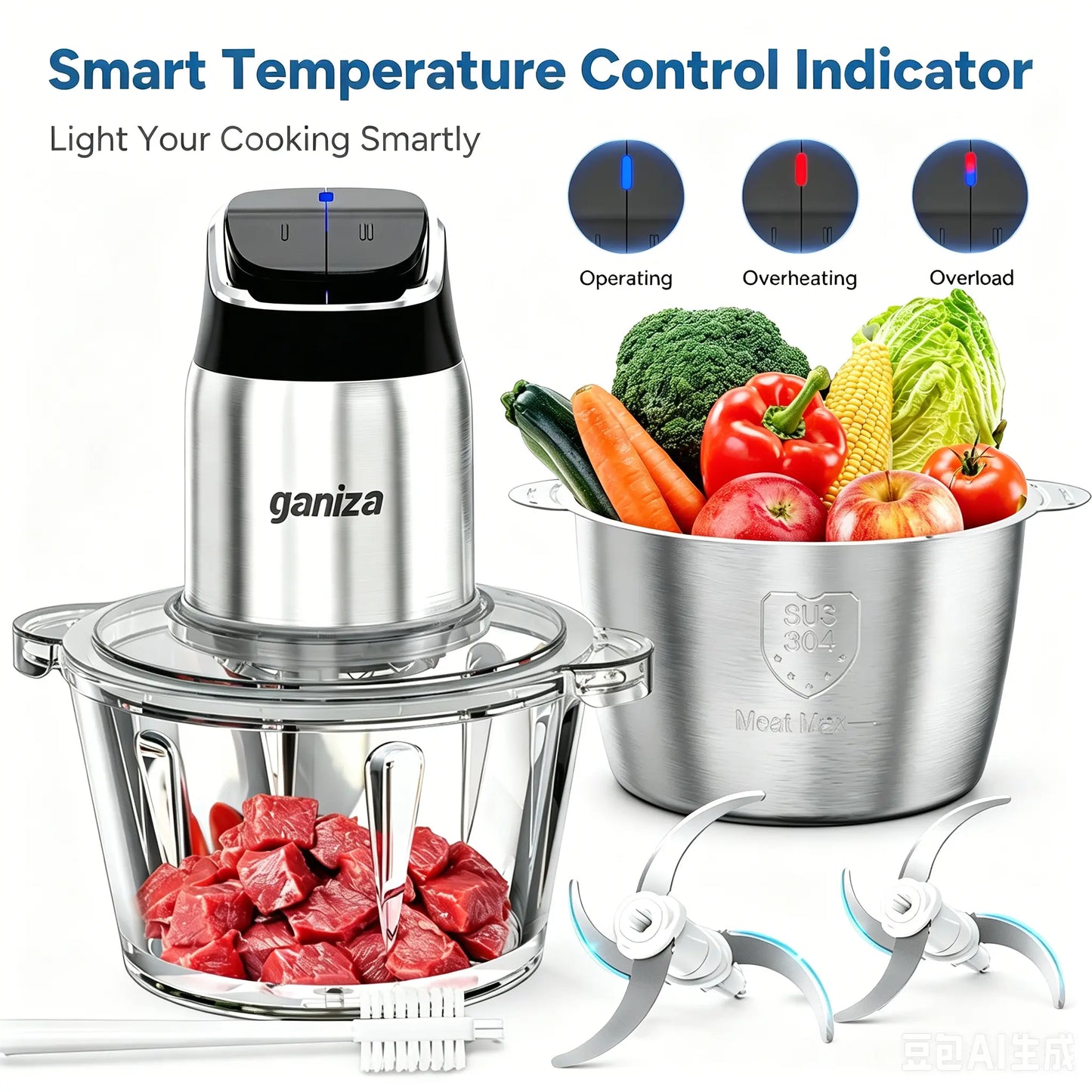 Ganiza Electric Meat Grinder, Dual 8-Cup Containers (Glass + Stainless Steel), 2-Speed Veggie Processor with Improved Buttons & Smart Overheat Alert Light, Supplied with Scrub Brush and Double Blade Groups, Multi-Use Home Food Prep Tool