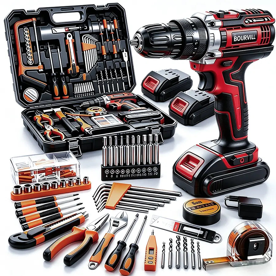 128-Piece Electric Tool Combination Set Bundled with 21 Volt Wireless Drill, Domestic Hand Tool Collection for DIY Fence Mounting, Interior Renovation, Furniture Construction & Household General Maintenance
