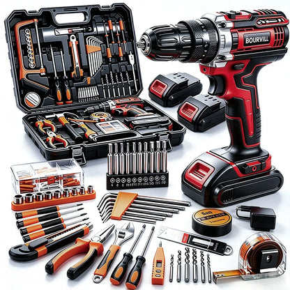 128-Piece Electric Tool Combination Set Bundled with 21 Volt Wireless Drill, Domestic Hand Tool Collection for DIY Fence Mounting, Interior Renovation, Furniture Construction & Household General Maintenance