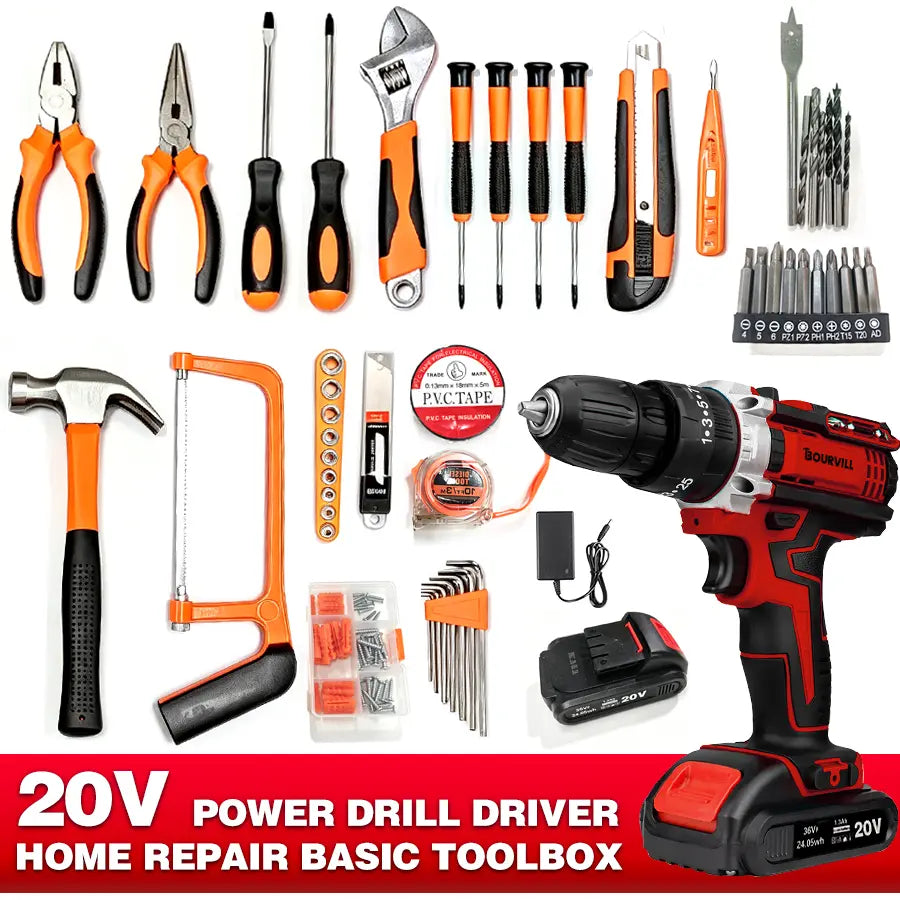 128-Piece Electric Tool Combination Set Bundled with 21 Volt Wireless Drill, Domestic Hand Tool Collection for DIY Fence Mounting, Interior Renovation, Furniture Construction & Household General Maintenance