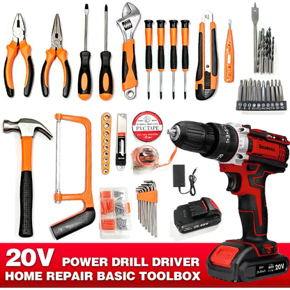128-Piece Electric Tool Combination Set Bundled with 21 Volt Wireless Drill, Domestic Hand Tool Collection for DIY Fence Mounting, Interior Renovation, Furniture Construction & Household General Maintenance