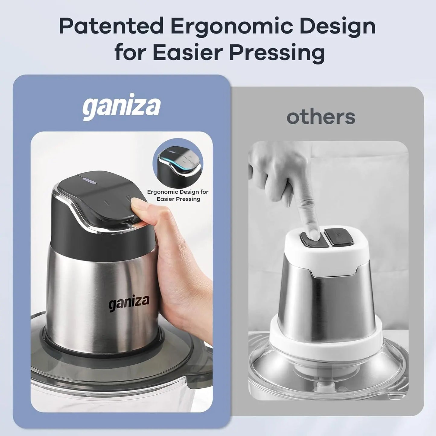 Ganiza Electric Meat Grinder, Dual 8-Cup Containers (Glass + Stainless Steel), 2-Speed Veggie Processor with Improved Buttons & Smart Overheat Alert Light, Supplied with Scrub Brush and Double Blade Groups, Multi-Use Home Food Prep Tool