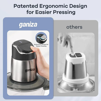 Ganiza Electric Meat Grinder, Dual 8-Cup Containers (Glass + Stainless Steel), 2-Speed Veggie Processor with Improved Buttons & Smart Overheat Alert Light, Supplied with Scrub Brush and Double Blade Groups, Multi-Use Home Food Prep Tool