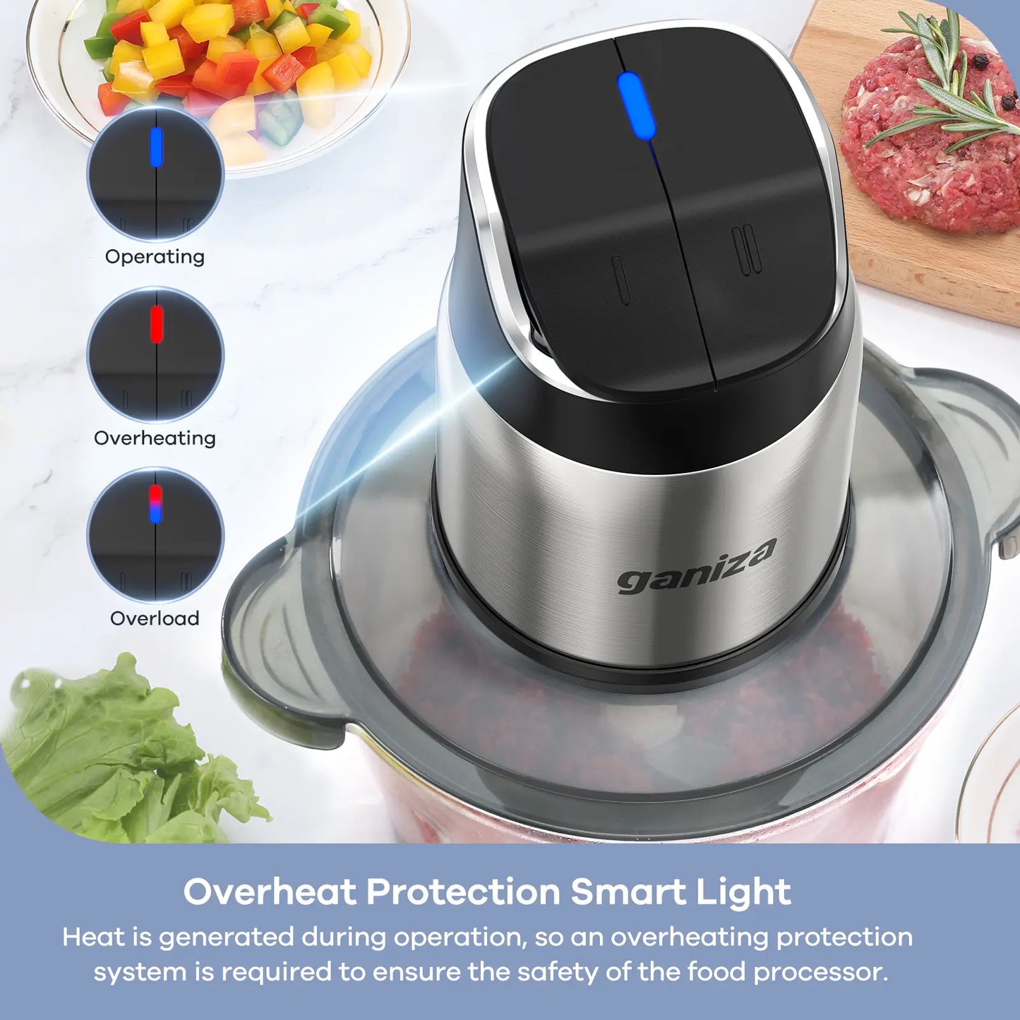 Ganiza Electric Meat Grinder, Dual 8-Cup Containers (Glass + Stainless Steel), 2-Speed Veggie Processor with Improved Buttons & Smart Overheat Alert Light, Supplied with Scrub Brush and Double Blade Groups, Multi-Use Home Food Prep Tool
