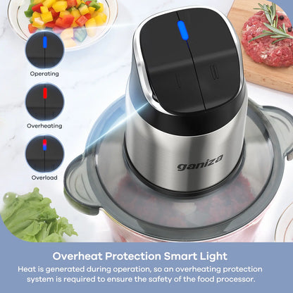 Ganiza Electric Meat Grinder, Dual 8-Cup Containers (Glass + Stainless Steel), 2-Speed Veggie Processor with Improved Buttons & Smart Overheat Alert Light, Supplied with Scrub Brush and Double Blade Groups, Multi-Use Home Food Prep Tool