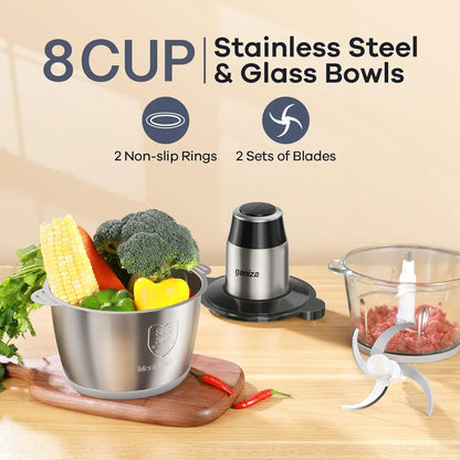 Ganiza Electric Meat Grinder, Dual 8-Cup Containers (Glass + Stainless Steel), 2-Speed Veggie Processor with Improved Buttons & Smart Overheat Alert Light, Supplied with Scrub Brush and Double Blade Groups, Multi-Use Home Food Prep Tool